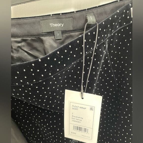 Theory Black White Polka Dot Velvet Pleated Wrap Skirt 100% Cotton Womens Size 2 - Picture 6 of 8